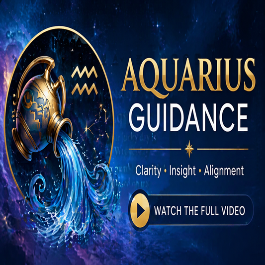 aquarius water vessel pouring blue water with gold text reading aquarius guidance clarity insight alignment and watch the full video button on a starry cosmic background.