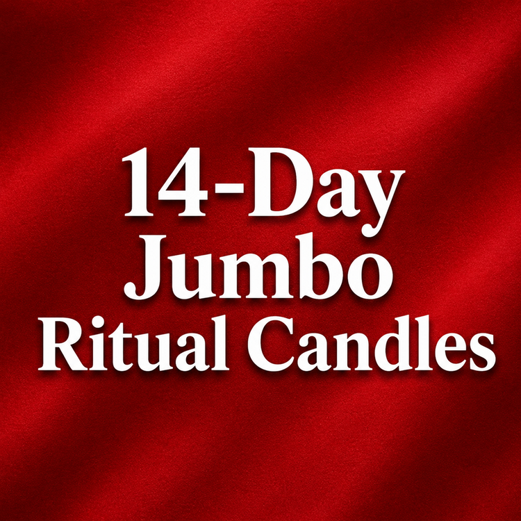 Large white text reading 14-Day Jumbo Ritual Candles centered on a rich crimson red textured background.