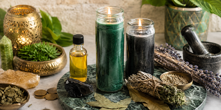 Sacred ritual kit on dark green marble. Centered green and black candles flicker near golden oil, coins, and raw black tourmaline. To the right, a white sage bundle rests by a stone mortar and pestle in soft, golden atmospheric light.