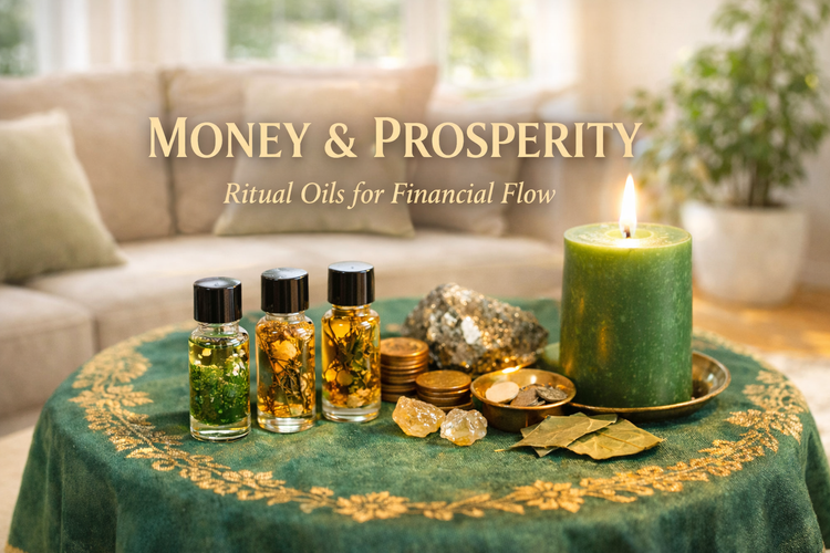 Money and prosperity ritual oils displayed on a round altar table with green cloth, candle, coins, and crystals in a bright living room setting.