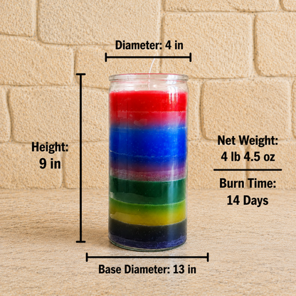 Dimension chart showing a 9-inch tall candle with 4-inch diameter, 13-inch base diameter, 4 lb 4.5 oz weight and 14-day burn time.