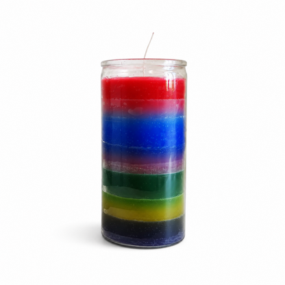 Tall 14-day glass jar candle with seven coloured wax layers, centered on a white background with a visible wick and subtle shadow.
