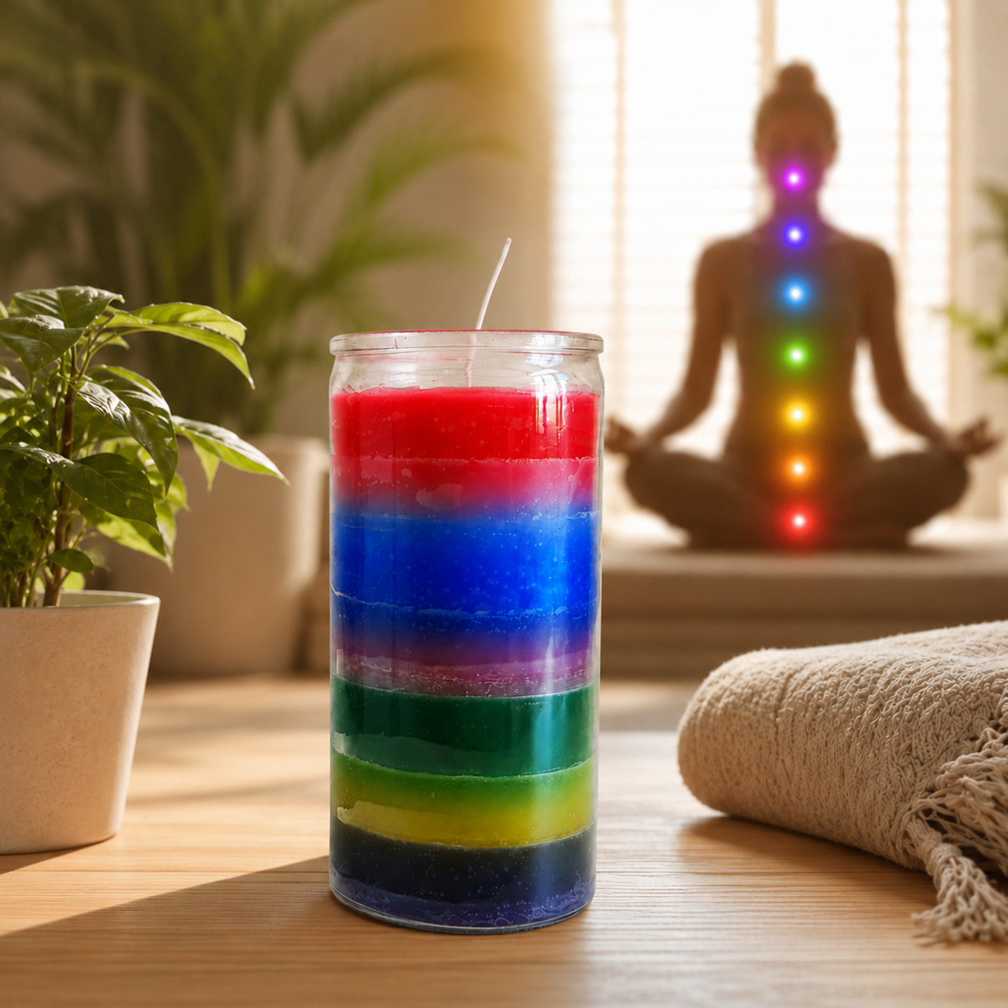 Seven-colour glass jar candle on a wooden table in a meditation room with a seated figure displaying seven glowing chakra points.