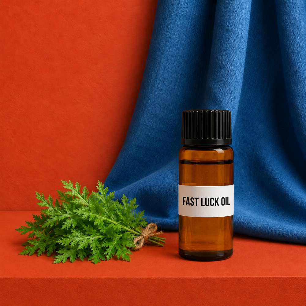 Amber glass bottle labeled Fast Luck Oil displayed upright beside fresh mugwort herbs and blue linen fabric on a warm terracotta surface.