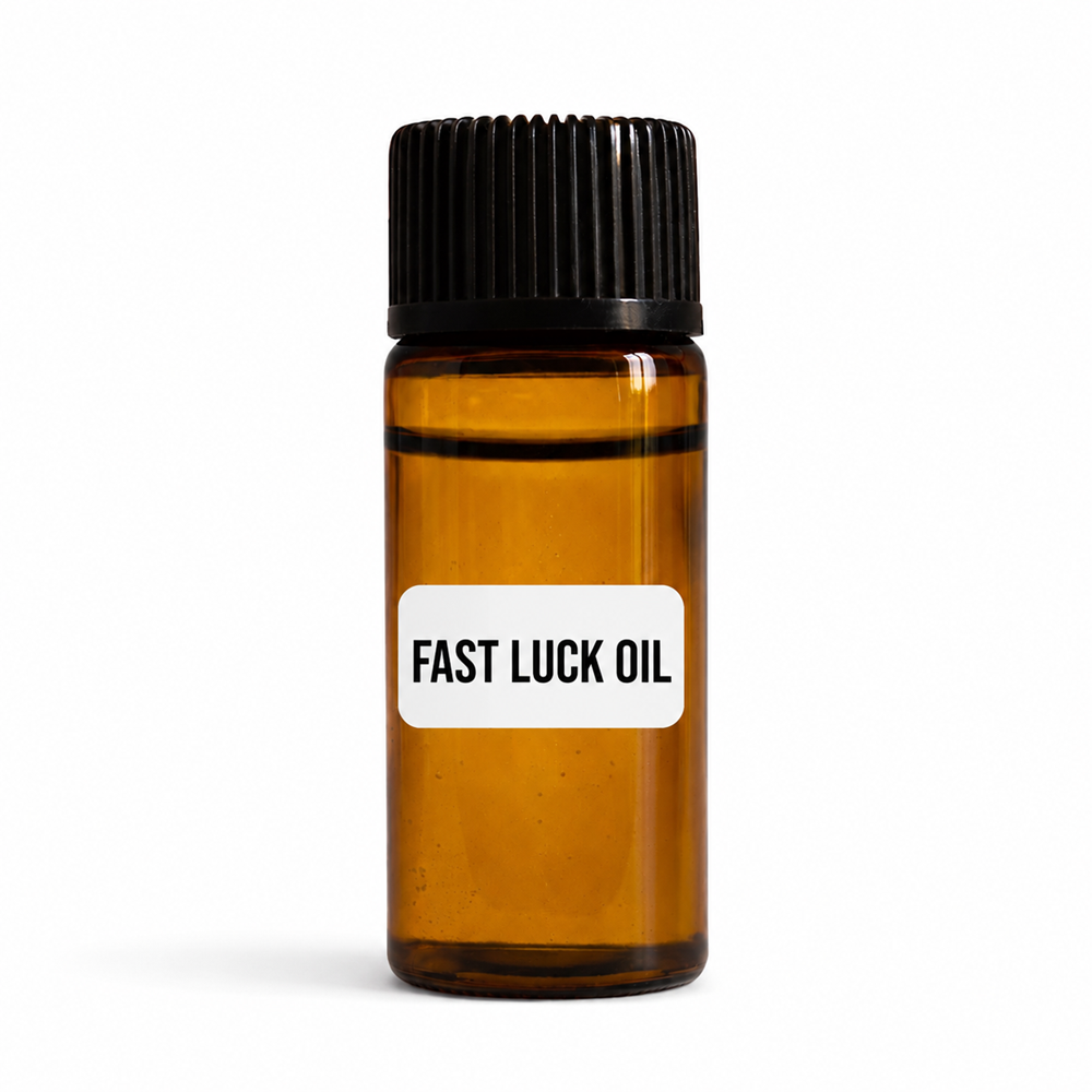 Amber glass bottle labeled Fast Luck Oil standing upright with a black cap and white label on a white background.