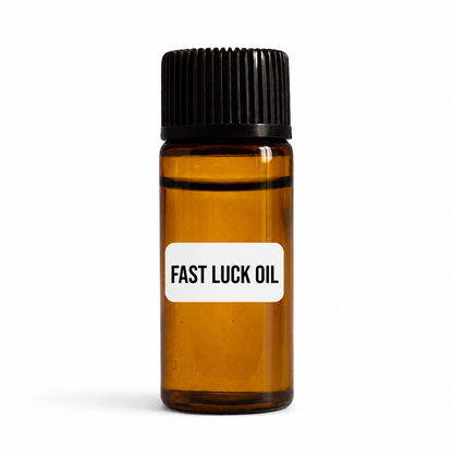 Amber glass bottle labeled Fast Luck Oil standing upright with a black cap and white label on a white background.