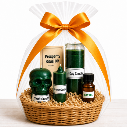 Green skull candle, 7-day candle, prayer candle, and bay oil inside a wicker ritual basket with natural paper filler and a bow.