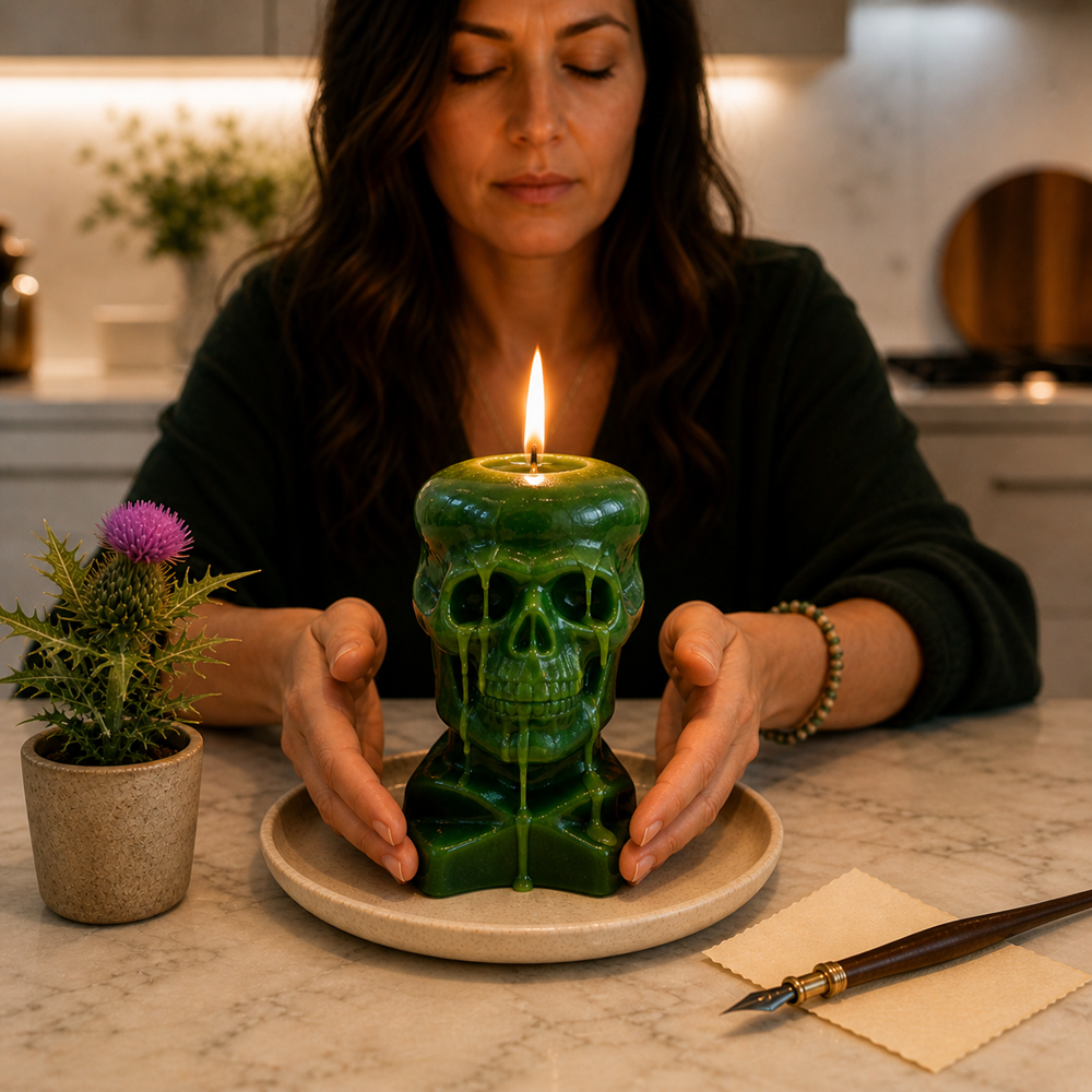 A woman with closed eyes sits at a marble table, her hands framing a lit green skull candle resting on a ceramic plate. The candle features melting wax dripping down the skull's face. A small purple thistle plant in a pot and a calligraphy pen on a piece of parchment sit nearby in a warm, dimly lit kitchen setting.