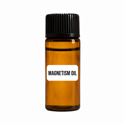 Amber glass bottle labeled Magnetism Oil standing upright with a black cap and white label on a white background.