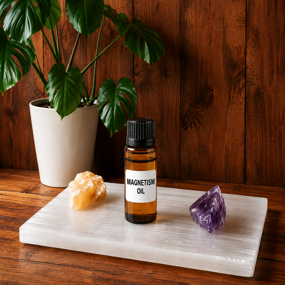 Amber glass Magnetism Oil bottle on white selenite with Monstera plant, golden and purple crystals on a wood background.