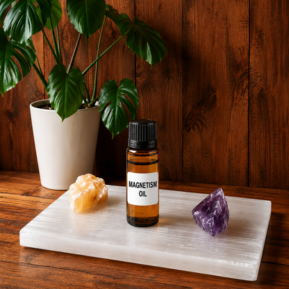 Amber glass Magnetism Oil bottle on white selenite with Monstera plant, golden and purple crystals on a wood background.