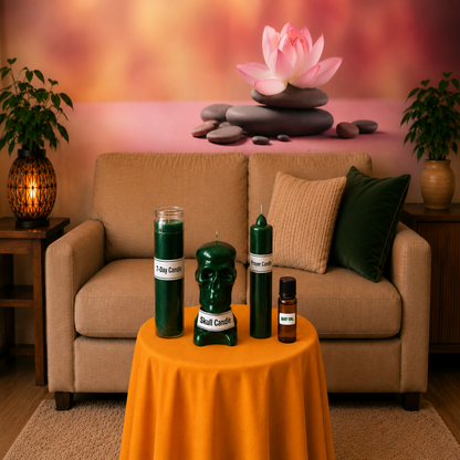 A ritual candle set of four candles in various sizes are displayed on a table with a yellow tablecloth in a calm living room with a lotus flower backdrop.