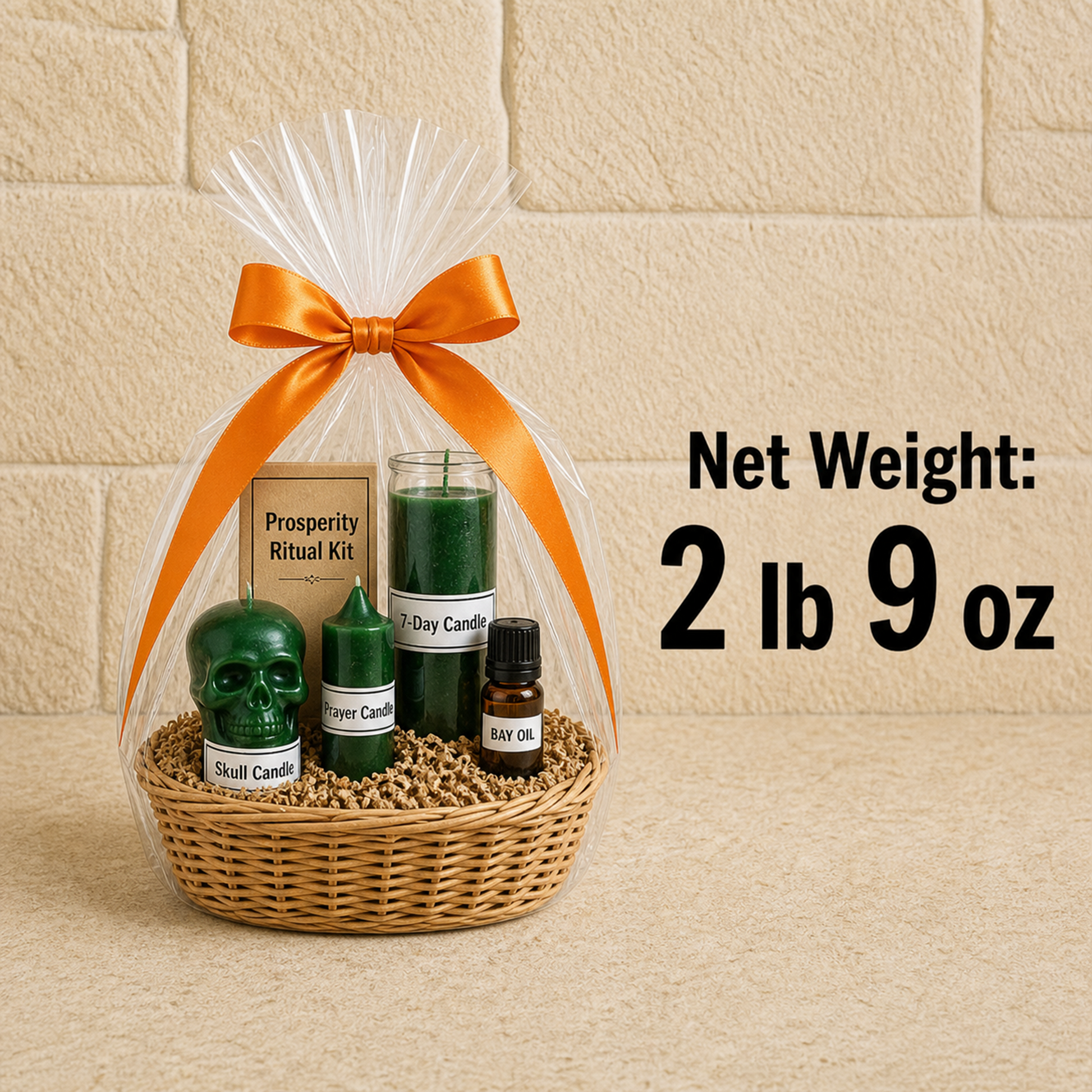 Ritual gift basket with a green skull candle and bay oil showing a total net weight of 2 lb 9 oz against a beige brick wall.