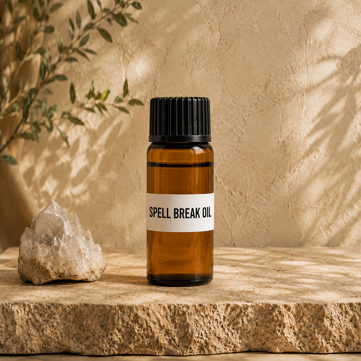 Amber glass bottle of Spell Breaking Oil on a natural stone surface beside a clear quartz crystal with botanical shadows and a warm textured wall.