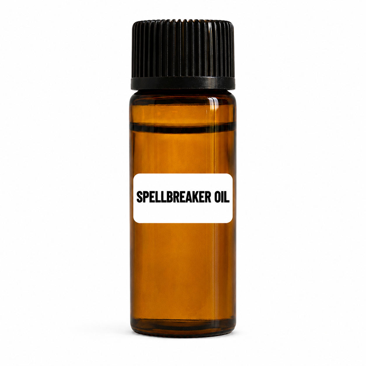 Amber glass bottle of Spellbreaker Oil with a black cap and white label reading Spellbreaker Oil on a clean white background.