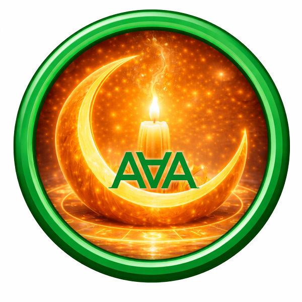 Round logo with a glowing candle inside a crescent moon, set on a bright orange and gold background with a green circular border and the letters “AVA” in green at the center, representing Astral Altar Products spiritual and ritual essentials.