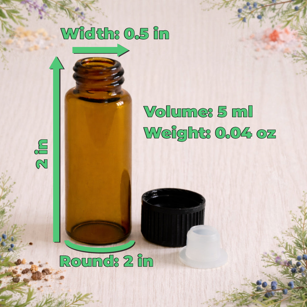 Amber glass bottle shown on a light wooden surface with the cap and stopper beside it, surrounded by subtle floral elements. Green measurement labels indicate width 0.5 inches at the top, height 2 inches along the side, and round base 2 inches, with text showing volume 5 ml and weight 0.04 oz, clearly presenting the size and specifications of the Bay Oil bottle.