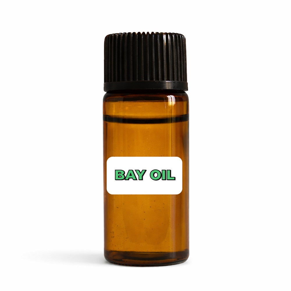 Amber glass bottle with black ribbed cap on a clean white background labeled “Bay Oil” in green text, containing golden liquid used for money drawing, financial flow, removing blockages, restoring luck, and prosperity rituals.
