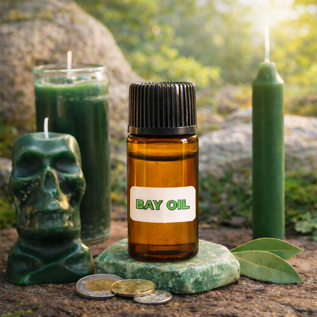 Amber glass bottle labeled “Bay Oil” placed outdoors on a stone surface, surrounded by green candles including a skull-shaped candle and tall ritual candles, with coins and bay leaves nearby. Warm natural light and greenery in the background create a spiritual setting representing money drawing, financial flow, removing blockages, restoring luck, and prosperity rituals.