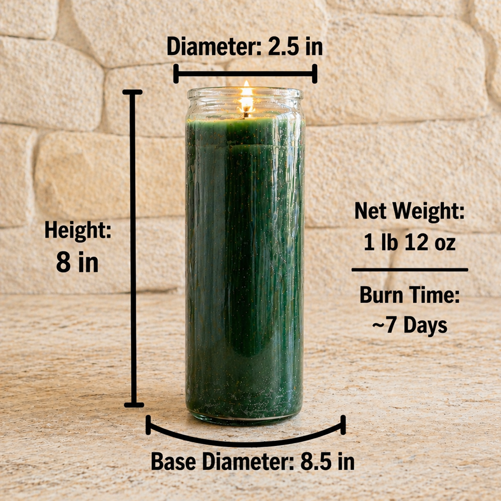 A green 7 day candle in a clear glass jar on a light stone background with measurement graphics showing height 8 in, diameter 2.5 in, base 8.5 in, weight 1 lb 12 oz, and burn time 7 days.