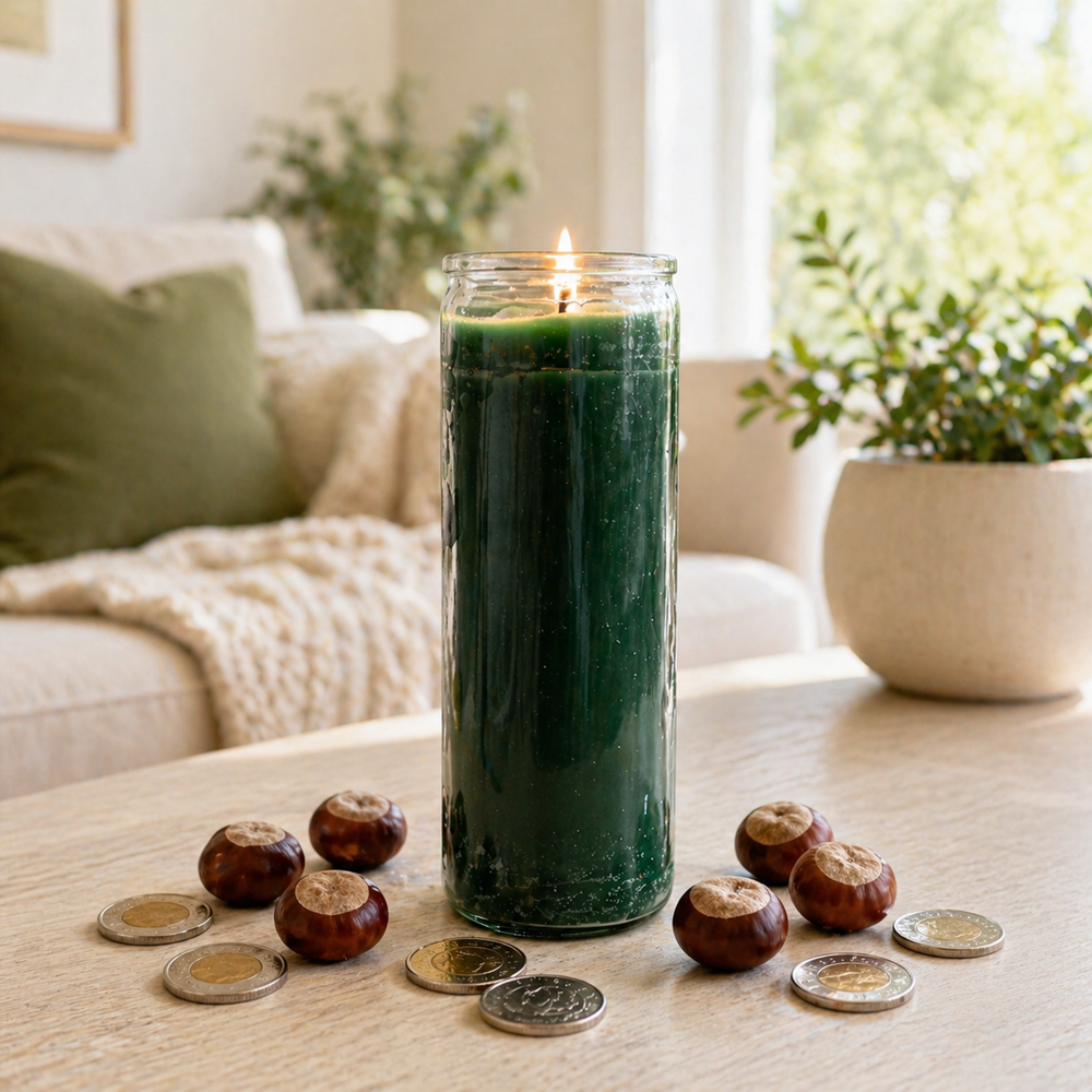 A lit green 7-day candle in a clear glass jar placed on a light wooden coffee table, surrounded by buckeye seeds and scattered Canadian coins, with a softly blurred living room in the background featuring a cream sofa, textured blanket, and green plants in natural daylight.