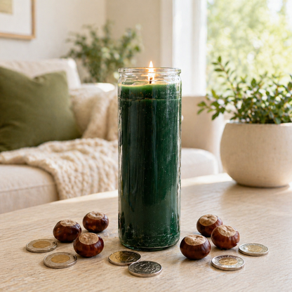 A lit green 7-day candle in a clear glass jar placed on a light wooden coffee table, surrounded by buckeye seeds and scattered Canadian coins, with a softly blurred living room in the background featuring a cream sofa, textured blanket, and green plants in natural daylight.