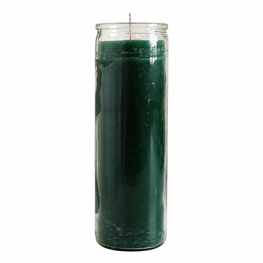 A tall green 7-day candle in a clear glass jar with an unlit wick, centered on a clean white background.