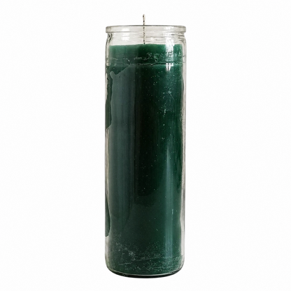 A tall green 7-day candle in a clear glass jar with an unlit wick, centered on a clean white background.