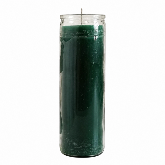 A tall green 7-day candle in a clear glass jar with an unlit wick, centered on a clean white background.
